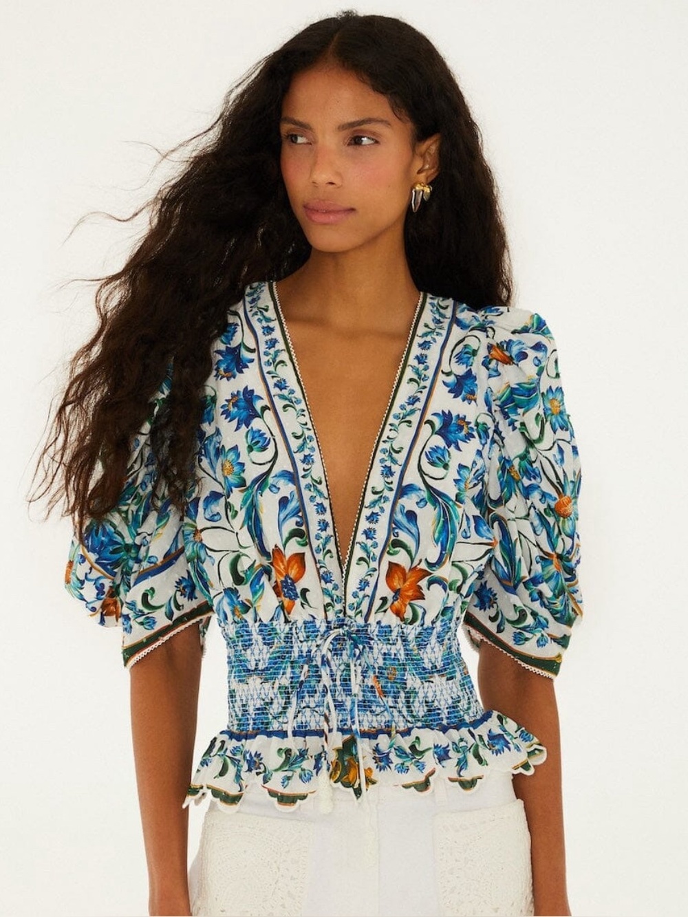 FARM Rio Blue and White Floral V-Neck Smocked Waist Puff Sleeve Top